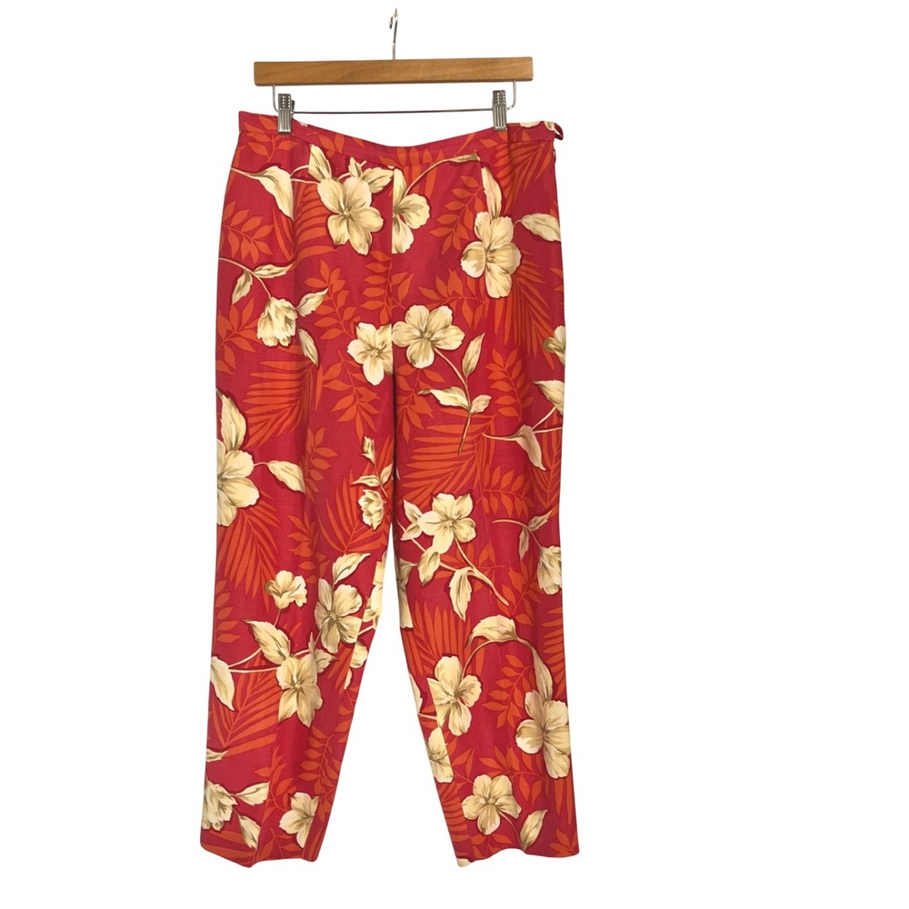Talbots Petites Soft Red Floral Silk Linen Tapered Ankle Pant Side Zip Lined 16P